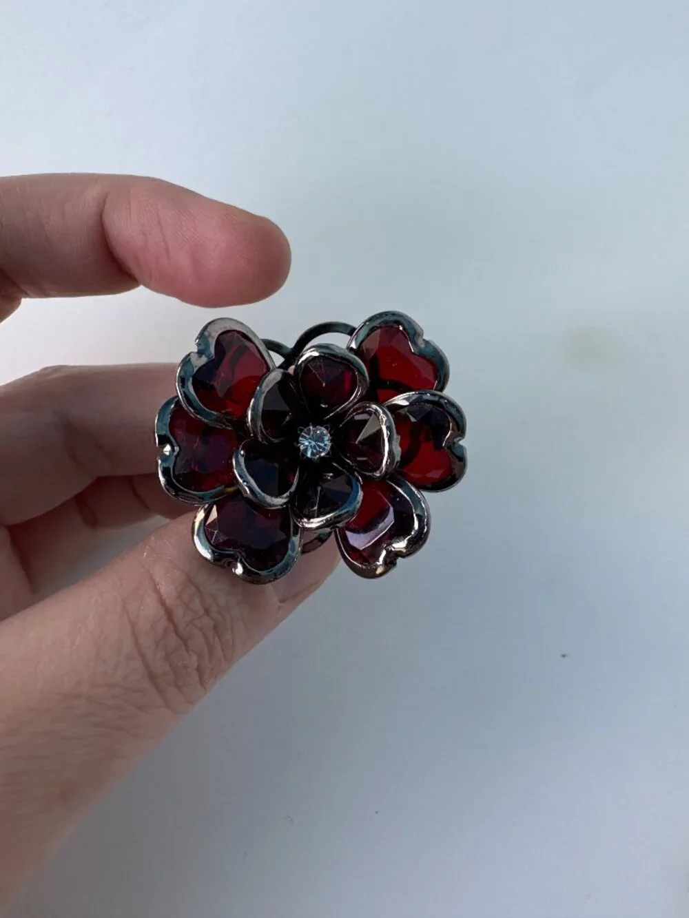 Statement Burgundy Crystal Flower Stretch Ring | Oversized Cocktail Ring
